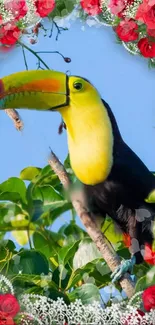 Colorful toucan amid green leaves and red flowers.