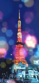 Vibrant illuminated tower with bokeh lights at night.