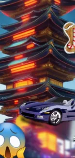 Colorful pagoda with car and emoji stickers.