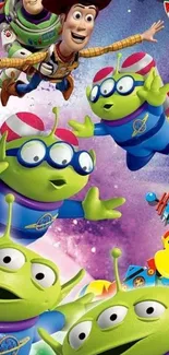 Vibrant wallpaper featuring animated characters in a colorful space adventure.
