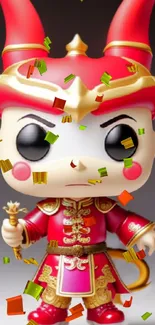 Colorful wallpaper of a red-armored toy character with confetti.