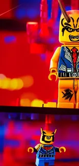 Colorful LEGO-inspired figures with vibrant red background.