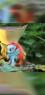 Whimsical toy with colorful mane in a lush forest setting.