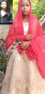 Traditional attire with red shawl in natural setting.