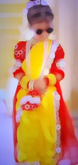 A colorful traditional attire in bright shades of red and yellow, with artistic style.