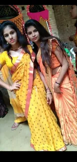 Women in colorful sarees, traditional attire, perfect for cultural mobile wallpaper.