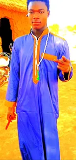 Man in vibrant blue traditional attire with colorful backdrop.