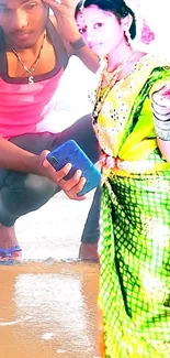 Couple in traditional attire at the beach with vibrant colors.