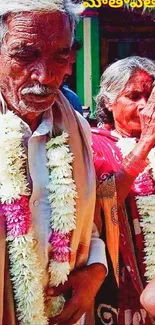 Elderly couple in traditional attire with garlands during a vibrant cultural ceremony.