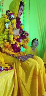 A vibrant traditional Indian ceremony with floral decoration in bright yellow attire.