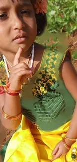 Vibrantly dressed child in traditional attire with a colorful background.