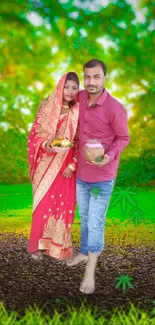 Couple in traditional attire with a vibrant green background.