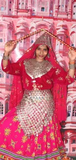 Traditional dancer in vibrant attire with architectural backdrop.