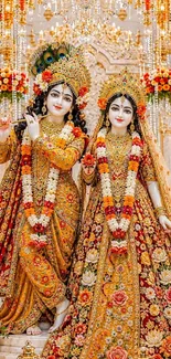 Traditional deities adorned in rich, colorful attire with ornate decorations.
