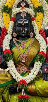 Vibrant traditional deity with floral garlands and intricate attire.