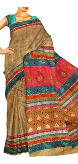 Colorful traditional Indian saree with intricate patterns and vibrant hues.