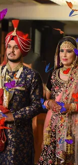 Traditional wedding scene with colorful butterflies.