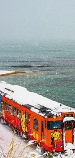 Colorful train on snowy coastal railway track.