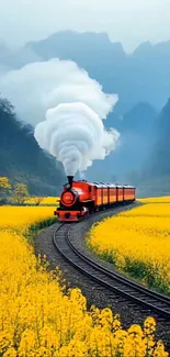Red train traveling through vibrant yellow fields with a mountainous backdrop.