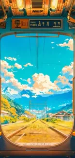 Vibrant train view with scenic landscape and blue sky.