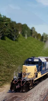 A vibrant train speeding through lush greenery under a clear blue sky on a sunny day.