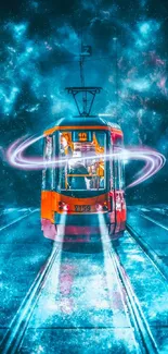 Cosmic tram crossing with couple under umbrella.