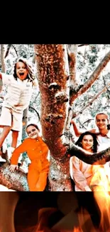 Children climbing a tree in vibrant shades of orange.