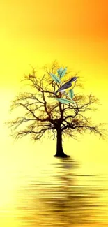 Artistic tree silhouette with bird on vibrant orange background.