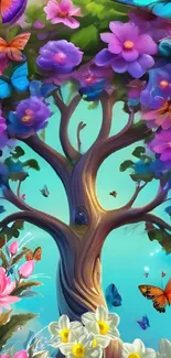 Colorful tree and butterflies in vibrant fantasy art.