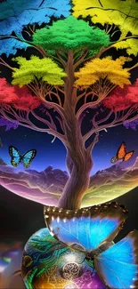 Colorful rainbow tree with butterflies on phone wallpaper.