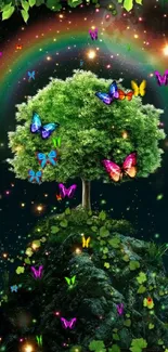 Magical tree with butterflies and rainbow