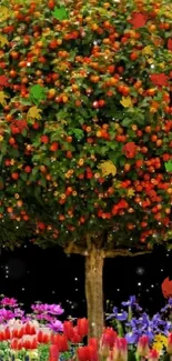 Vibrant wallpaper of a fruit-laden tree with colorful flowers underneath.