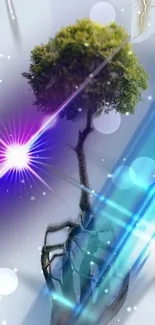 Energetic tree with glowing beams and vibrant lights wallpaper.