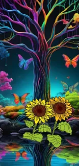 Vibrant tree and sunflowers with colorful butterflies in a fantasy scene.