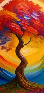 Colorful tree art wallpaper with vibrant swirling background.