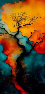 Abstract tree with vibrant colors and artistic design.