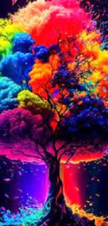 Vibrant artistic tree with colorful foliage on a mobile wallpaper background.