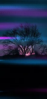 Silhouetted tree against a purple and blue dusk sky.