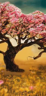 Vibrant pink blossoming tree with golden landscape.