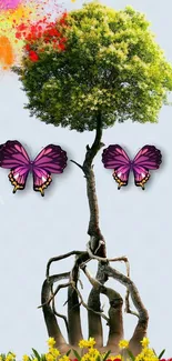 Surreal tree with butterflies and vibrant colors on phone wallpaper.