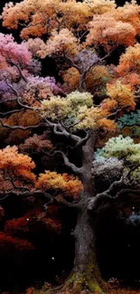 Colorful fantasy tree on a dark background.