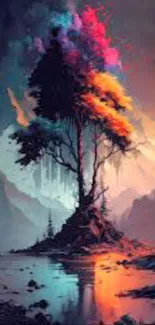 Vibrant tree in a mystical fantasy landscape with colorful elements.