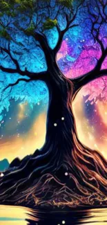 Vibrant fantasy tree with cosmic colors.