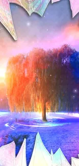 Vibrant fantasy wallpaper featuring a glowing tree with colorful aura.