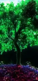 Enchanting glowing green tree on vivid colorful ground.