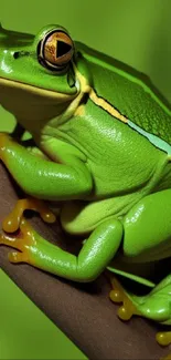 Vibrant green tree frog perched on a branch.