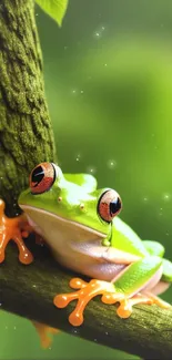 Colorful tree frog on green branch in vibrant mobile wallpaper.