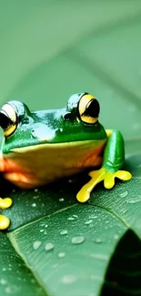 A vibrant tree frog sits on a leafy surface.