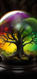 Vibrant tree inside a colorful glass globe.