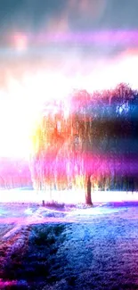 A glowing tree with a colorful mist on a dreamy landscape wallpaper.